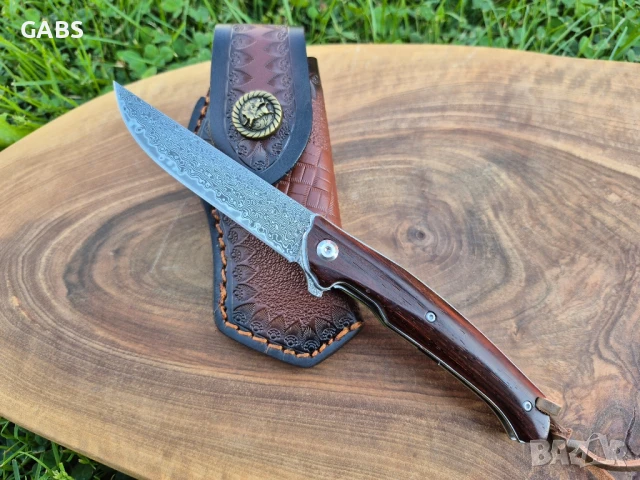 Сгъваем джобен нож дамаска стомана с кожен калъф, снимка 6 - Ножове - 51007128