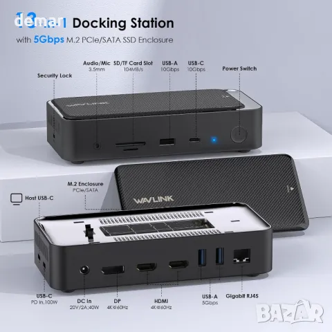 WAVLINK USB C докинг станция 3 монитора, 5Gbps M.2 PCIe/SATA SSD кутия, снимка 2 - Кабели и адаптери - 47027455