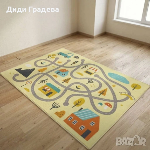 Детски килим за игра 120х160см - Жълт килим с планети и дама, противоплъзгащ и миещ се