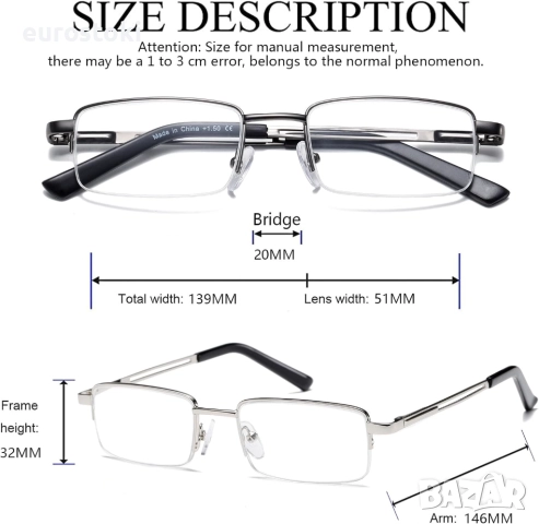 Hubeye 3 бр. Очила за четене с половин рамка за мъже и жени, метална рамка, пружинни панти, блокиран, снимка 5 - Слънчеви и диоптрични очила - 51458543