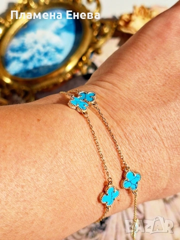 Чисто нови сребърни бижута с позлата и тюркоаз, по модел на Van Cleef. , снимка 13 - Колиета, медальони, синджири - 53603035