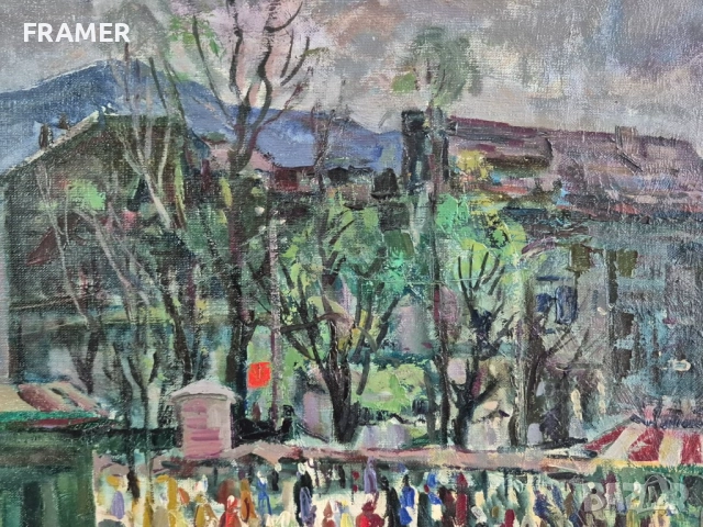 Евгени Томов /1934-2006/ Женскиат пазар София 1974 пейзаж масло, снимка 6 - Картини - 39814797