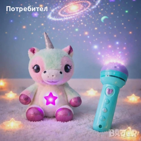 Плюшена играчка с нощна лампа 2в1 + детски фенер-проектор със светлинни картинки – комплект за уют и, снимка 2 - Плюшени играчки - 53711457