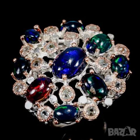 925 сребърен пръстен със сини, зелени, червени етиопски опали, централния камък е с размери 9x7мм , снимка 1 - Пръстени - 46390265