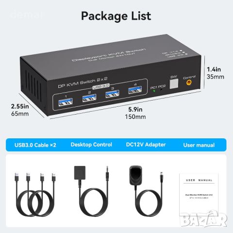 TJCXELE DP KVM превключвател 2 монитора 2 компютъра 4K144HZ, 4хUSB 3.0 с настолен контролер, снимка 7 - Друга електроника - 45902556