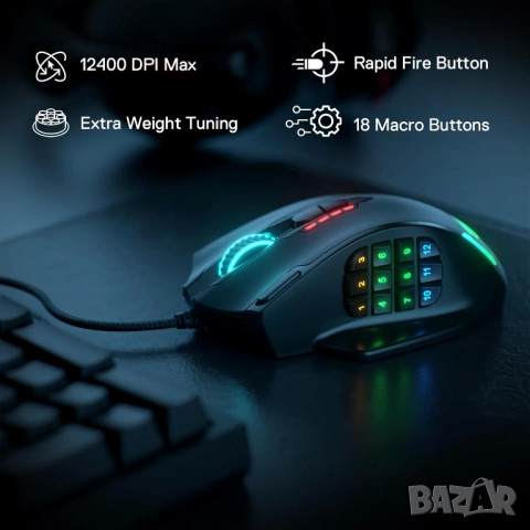 Геймърска мишка Redragon M908 IMPACT RGB LED MMO с лазерен кабел, 12 400 DPI, снимка 7 - Клавиатури и мишки - 53542068