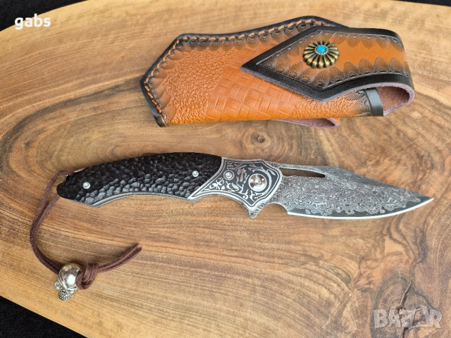 Уникален сгъваем нож дамаска стомана с кожена кания, снимка 3 - Ножове - 52325439