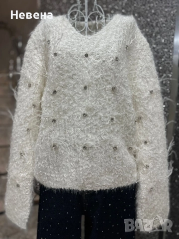 Блуза с камъчета и пера 2 цвята, снимка 2 - Блузи с дълъг ръкав и пуловери - 52446778