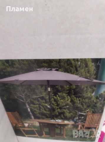 Сгъваем градински чадър ветроустойчив в сив цвят с ръчен механизъм, диаметър 2.7 м 6 спици сив цвят, снимка 8 - Градински мебели, декорация  - 53721439