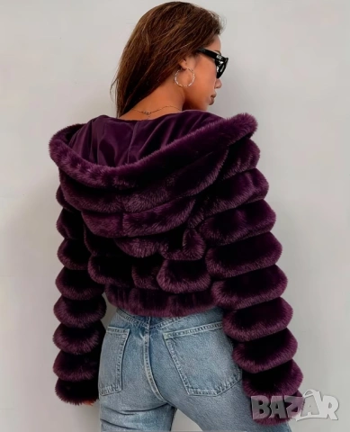 Късо пухкаво якенце с качулка в тъмно бордо , снимка 4 - Якета - 53192916