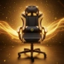 Геймърски стол с масажна функция, лумбална възглавница и поставка за крака – Черен-златист, снимка 2