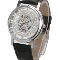 Изискан прозрачен мъжки ръчен часовник с кварцов механизъм и кожена каишка  "черен циферблат/  бял ц, снимка 1 - Мъжки - 44952374