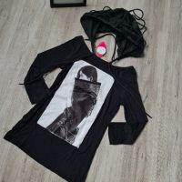 НОВА жестока черна дамска блуза с качулка на намаление , снимка 1 - Блузи с дълъг ръкав и пуловери - 45887896