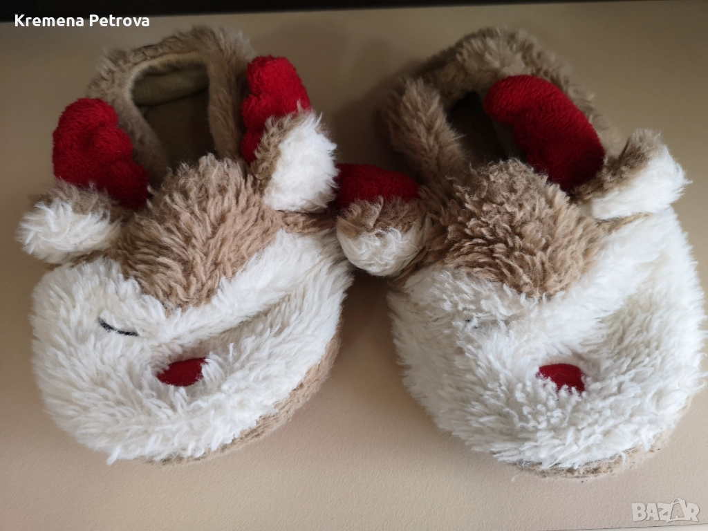Пухкави коледни пантофи с мотив на еленче,червен нос, номер 26-27 унисекс, снимка 1