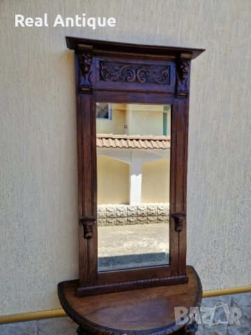 Голямо антикварно английско огледало масив с дърворезба , снимка 3 - Антикварни и старинни предмети - 51083702