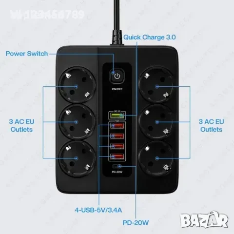 Разклонител за контакт 220V ,6 гнезда, 5 USB, 1 Type C със защита, снимка 5 - Други стоки за дома - 50747603