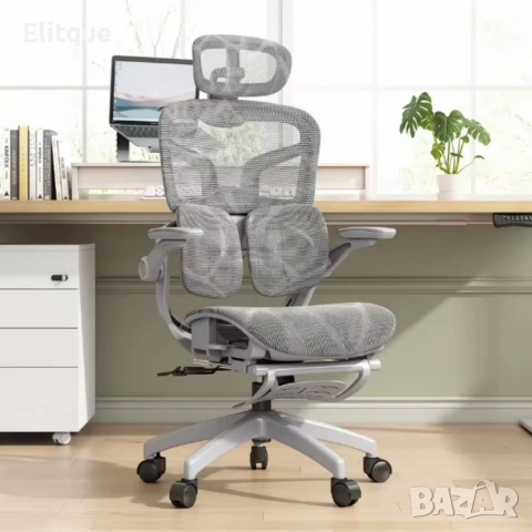 Ергономичен мрежест офис стол с подглавник и поставка за крака