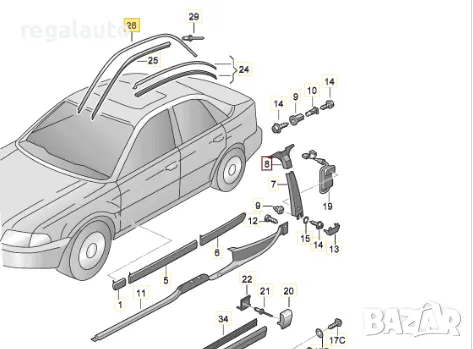 8D9853704B2ZZ,лайсна хром дясна за таван AUDI A4 AVANT 1995-2001, снимка 2 - Части - 48238846