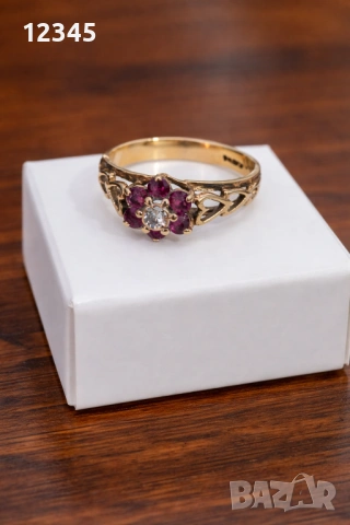 Старинен златен пръстен с диамант и рубини, снимка 6 - Пръстени - 54075674