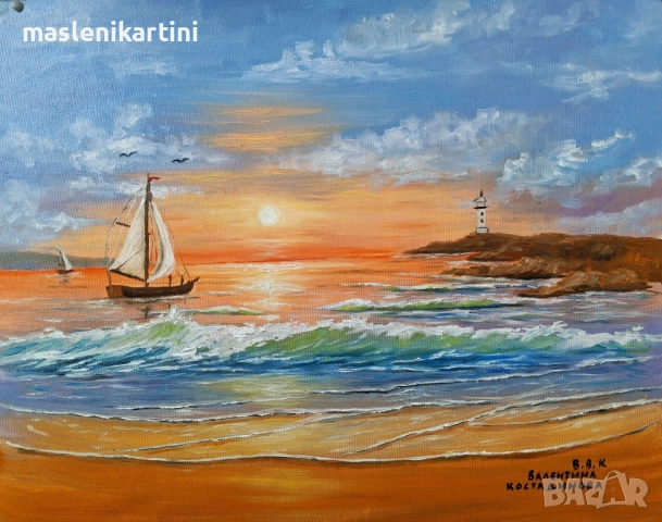 МОРСКИ ПЕЙЗАЖ С КОРАБ маслена картина, снимка 2 - Картини - 52466765