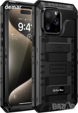 Seacosmo Калъф за iPhone 15 Pro Max водоустойчив удароустойчив  с вграден протектор на екрана, черен