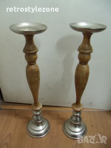 № 7993 два големи стари свещника  - метал , дърво  - размер - височина 46 см , диаметър основа 12 см