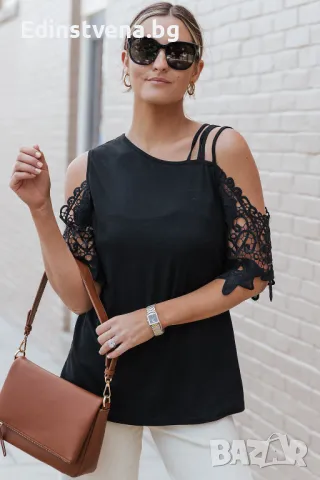 Дамска блуза в черно с къси ръкави с бродерия, снимка 8 - Други - 50080747