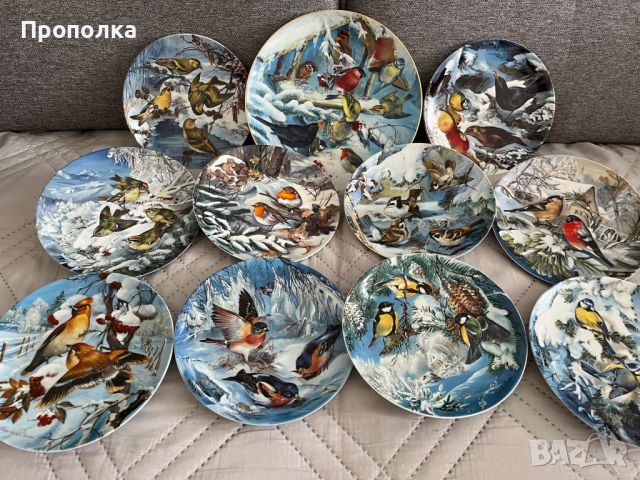 Голяма, красива колекция 10+1 чинии за стена сезони с птици 