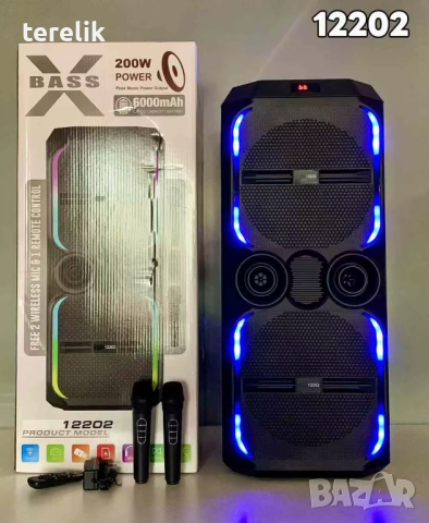 🔊 ABS-12202 – 12”×2 Xbass 200W 6000mah-50лв Професионална караоке тонколона, Bluetooth, 2 микрофонa, снимка 14 - Тонколони - 51831350
