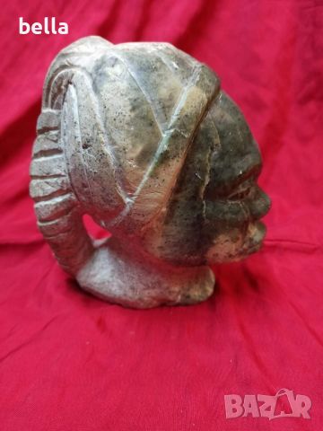 Масивна стара авторска пластика - стилизирана африканска   женска нефритена глава - нефрит  , снимка 3 - Антикварни и старинни предмети - 46173566