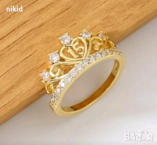 15 години годишна златист пръстен с камъчета, снимка 5 - Пръстени - 51861399