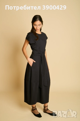 Скулптурна Памучна Миди Рокля - Sammy - Черна на Точки