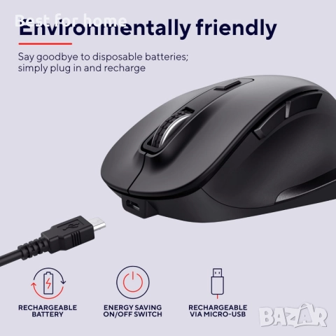 Ергономична вертикална мишка Trust Bayo – Безжична, акумулаторна, за здрави китки, снимка 3 - Клавиатури и мишки - 52978773