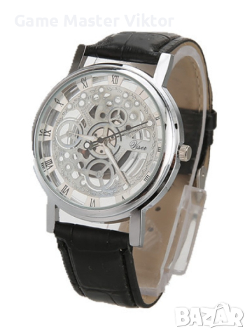 Изискан прозрачен мъжки ръчен часовник с кварцов механизъм и кожена каишка  "черен циферблат/  бял ц
