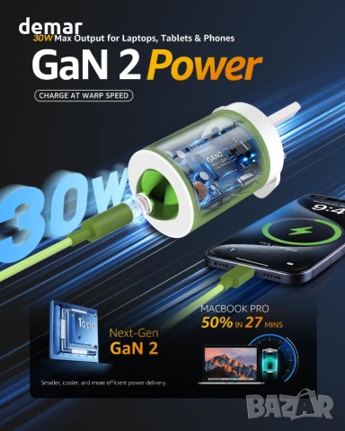 Зарядно устройство 30W GaN бързо зареждане с магнитен към C конектор, снимка 8 - Оригинални зарядни - 54224733