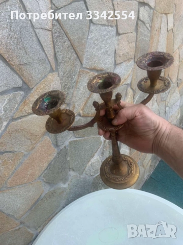 СВЕЩНИК МЕТАЛ БРОНЗ МЕСИНГ ТРОЙКА ОРНАМЕНТИ, снимка 6 - Други ценни предмети - 51657544