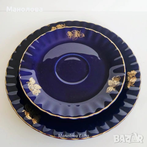 Кобалтово сини ваза Porzellanfabrik Waldsassen Bareuther & Co. AG и троен комплект , снимка 15 - Други ценни предмети - 54142289