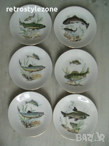 № 7987 шест броя стари порцеланови чинии - KAHLA KONITZ  - илюстрации - риби   - печат / маркировка 