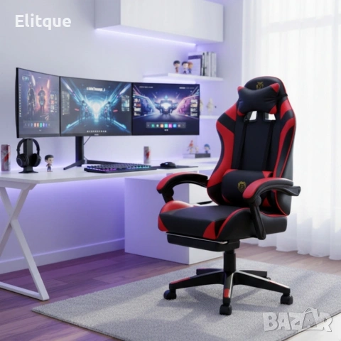 Удобен геймърски стол с поставка за крака и масажна лумбална възглавница, Черно-червен, снимка 8 - Столове - 53442378