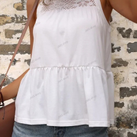 Бяла дамска едноцветна риза без ръкави с изрязани детайли с обло деколте, снимка 6 - Ризи - 44990614