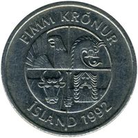 5 крони (Исландия) - 1992год., снимка 2 - Нумизматика и бонистика - 45132073