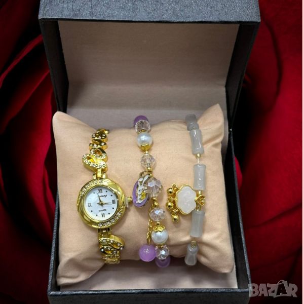 Нежен подаръчен комплект часовник с цирконии и два броя гривни Gift9, снимка 1