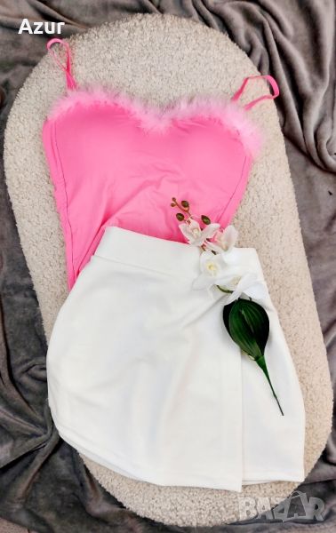 дамски комплект бюстие с естествен пух и пола панталон , снимка 1