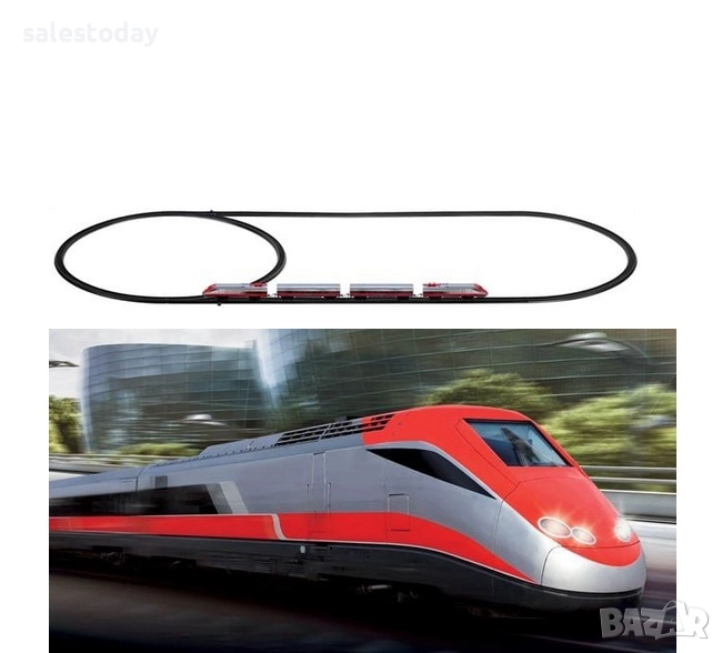 Влак стрела с релси и 4 вагона, червен, снимка 1