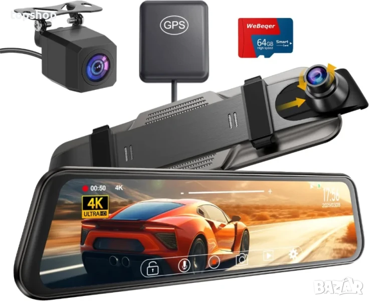 WeBeqer Dashcam, даш камера в  огледало с 10" сензорен екран, 64GB карта, 4K+1080P, 170 градуса..., снимка 1