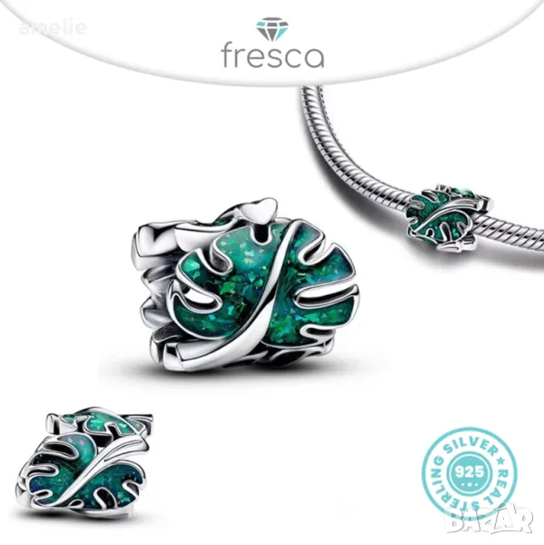 НОВА Колекция! Талисман Fresca по модел тип Пандрора сребро 925 Pandora Green Leaf, снимка 1