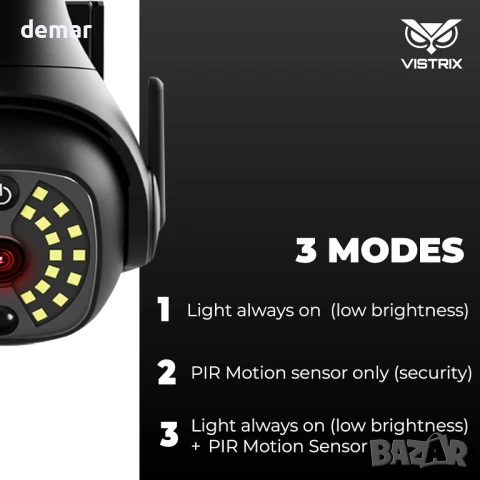 Vistrix соларна LED охранителна лампа и макетна CCTV камера с PIR сензор, IP65, черна, снимка 7 - Соларни лампи - 50771104