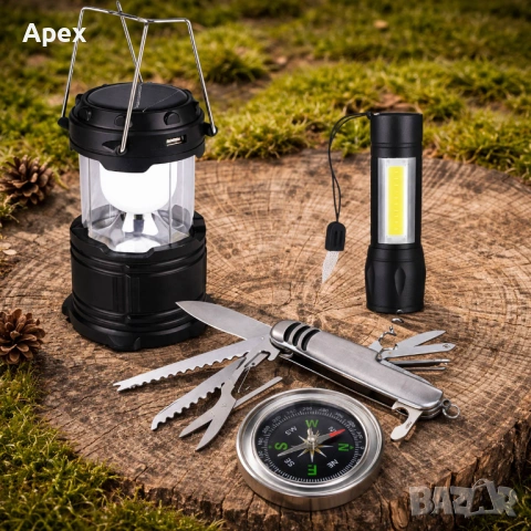 Къмпинг Лампа и Фенер със Соларен Панел.LED COB Фенер със Zoom.Джобно Ножче Army Pocket Knife.Компас