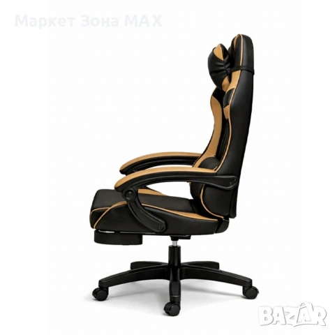 Геймърски стол с масажна функция, лумбална възглавница и поставка за крака – Черен-златист, снимка 3 - Геймърски - 53449199