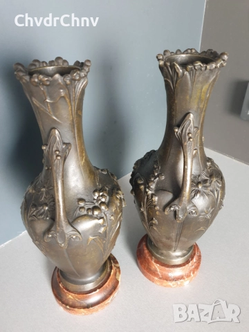 Франция 1800-те/2бр фигурални вази 32см-4кг/стари френски пиедестални вази с дръжки/ЦАМ-мрамор, снимка 2 - Антикварни и старинни предмети - 52956687